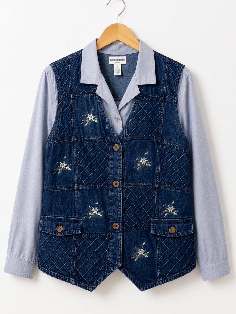 Vintage 90s Alfred Dunner 1X Quilted Denim Vest Shirt Floral Embroidered NWT